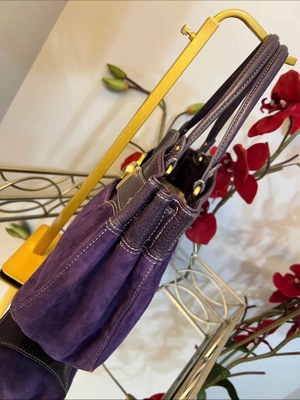 Cole Haan Purple Y2K Suede & Leather Top Handle Satchel with Gold Hardware